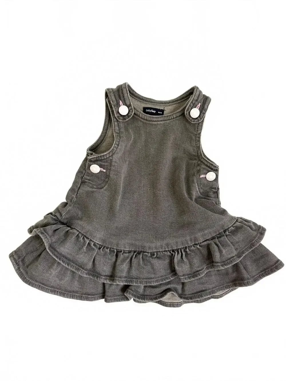 Baby Gap | Dark Distressed Gray Denim Overall Ruffle Dress Pink Snaps Size 3-6mo